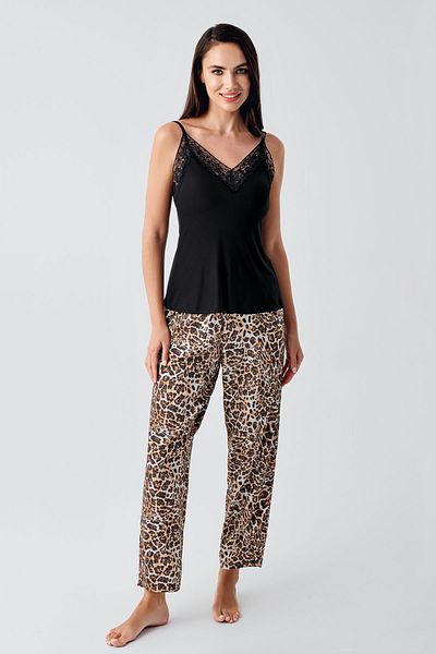 Artış Strappy Lace Leopard Patterned Viscous Dressing Gown Pajama Set