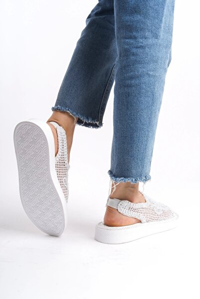 Moda Değirmeni White Lace Women's Lace Sandals with Elastic Back