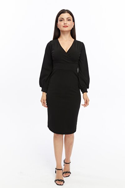 ESPOİRPLUS Black Color Crepe Fabric Long Sleeve Double Breasted Collar Dress