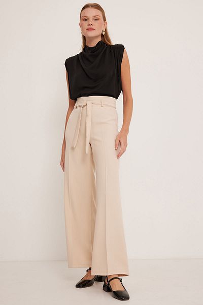 Bigdart Women's Cream Belted Loose Leg Palazzo Pants 6651