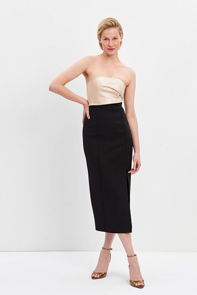 Setre Rochie midi fără bretele negru-bej cu detaliu cu fante