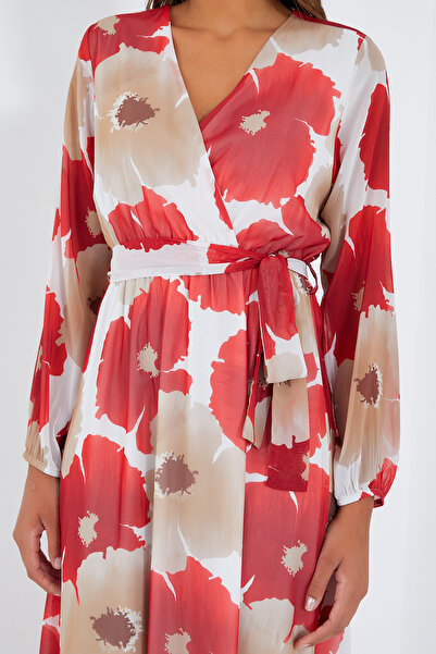 Bigdart Women's Pomegranate Beige Floral Patterned Chiffon Dress 2134