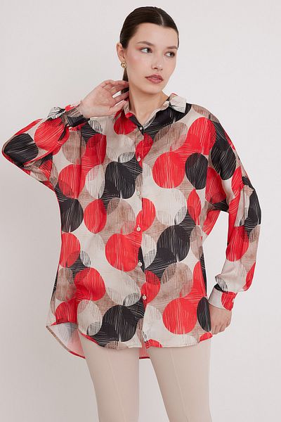 Bigdart Cămașă oversize din satin cu model roșu negru pentru femei 3985