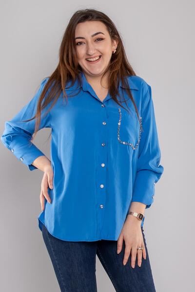 GRANDİ 7082 Büyük Beden Cebi Boncuklu Düğmeli Modal Gömlek