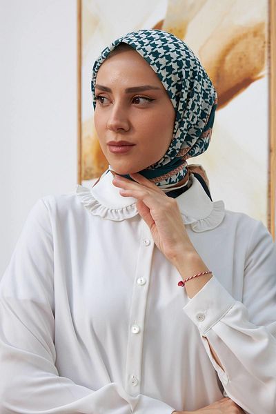 İpekhan Σειρά Petrol Green İpekhan Houndstooth - Βαμβακερό μαντίλι βισκόζης 1129-04
