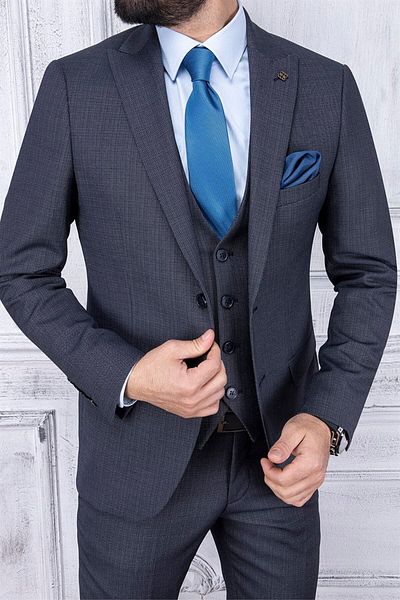 PR PACO ROMANO ART OF FASHİON Men's Slim Fit Pointed Collar Dark Navy Blue Vest Suit