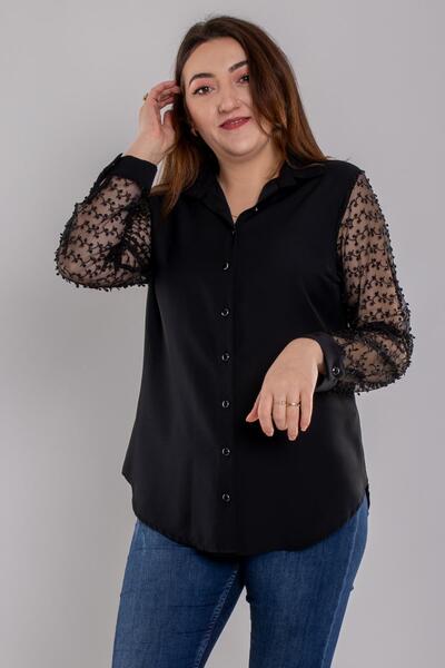 DEE'S 1605 Büyük Beden Güpür Tül Kol Düğmeli Krep Şifon Gömlek