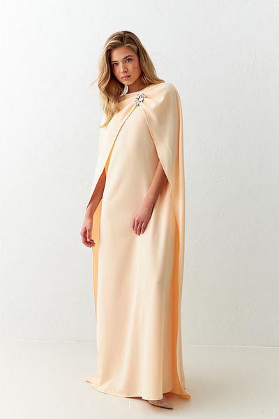 Setre Salmon Color Midi Dress with Cape and Brooch Detail