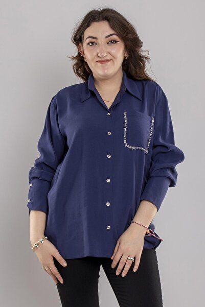 GRANDİ 7082 Büyük Beden Cebi Boncuklu Düğmeli Modal Gömlek