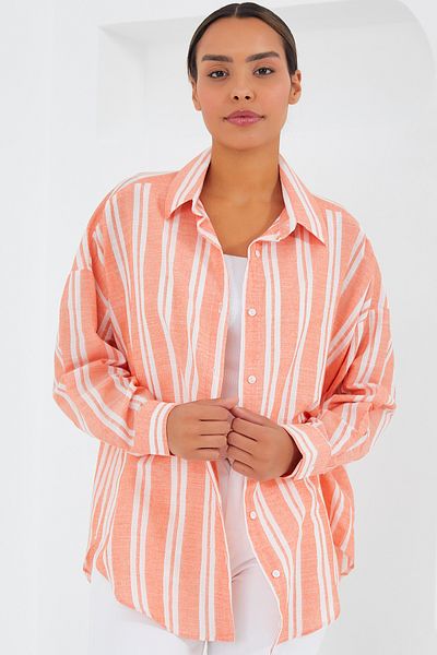 Bigdart Women's Salmon White Striped Oversize Linen Shirt 20251