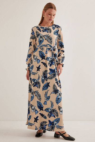 Bigdart Women's Blue Cream Patterned Knitted Hijab Dress 1525