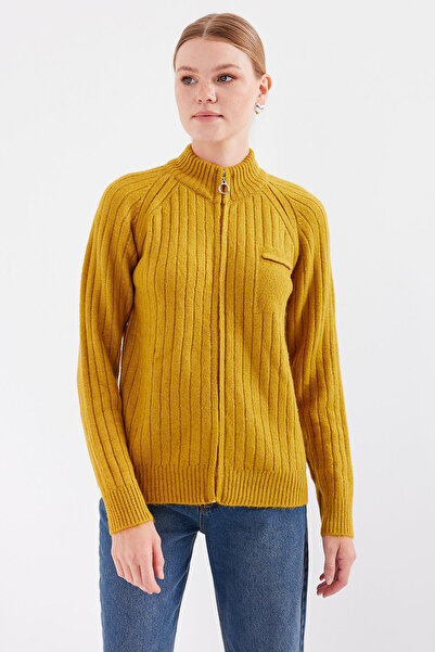 Bigdart 15880 Model Mustard Color Zippered Knitwear Cardigan