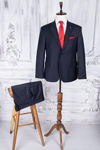 PR PACO ROMANO ART OF FASHİON MEN'S REGULAR FIT MONO COLLAR NAVY STRIPED 4 DROP SUIT