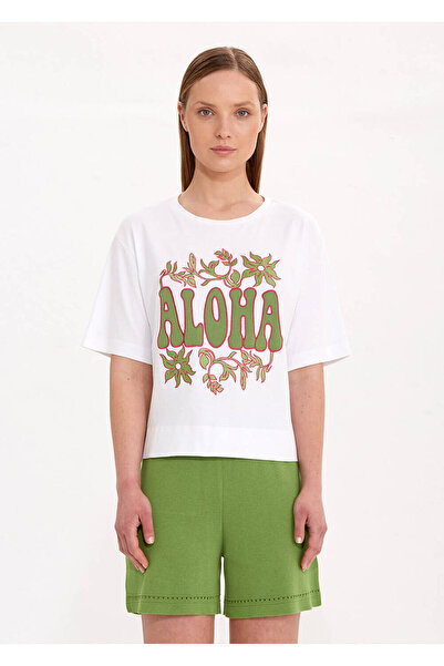Knitss Saf Pamuk Yeşil Nakışlı Aloha T-Shirt