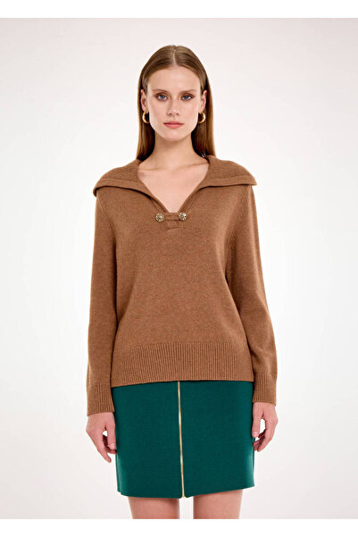 Knitss Cashmere Blended Wide Collar Tobacco Color Knitwear
