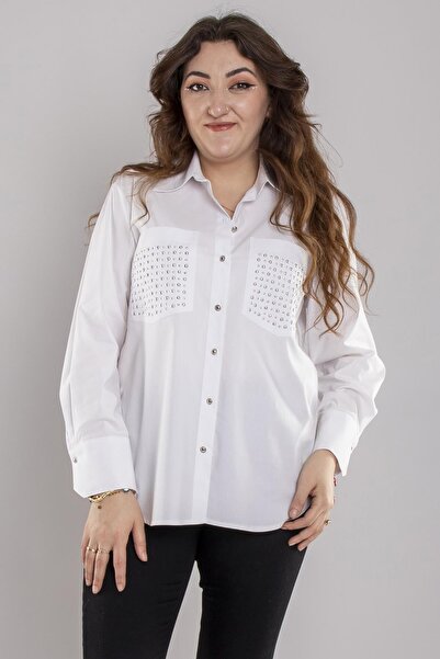 GRANDİ 7003 Büyük Beden Cepli Zımba Detay Pamuklu Gömlek