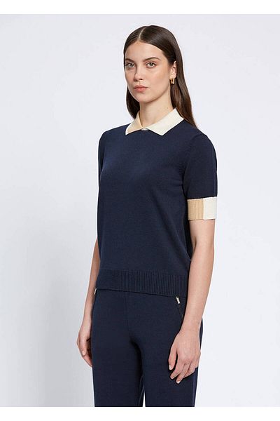 Knitss Top tricotaj bleumarin cu guler polo cu detalii contrastante