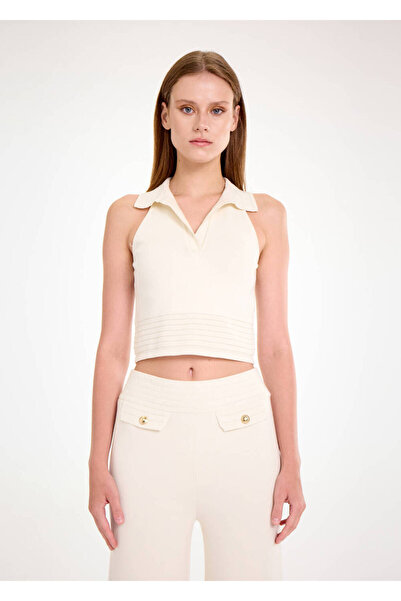 Knitss Polo Yaka Ekru Crop Triko Üst