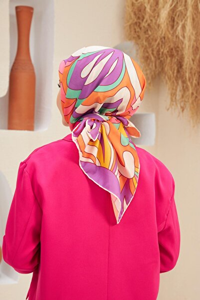 İpekhan Πορτοκαλί μωβ μοτίβο βαμβακερό κασκόλ βισκόζης - 1133-03