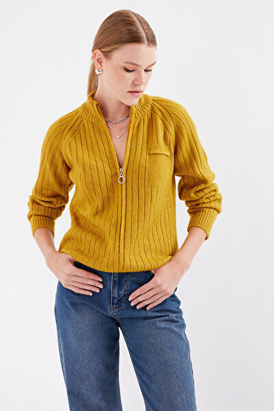 Bigdart 15880 Model Mustard Color Zippered Knitwear Cardigan