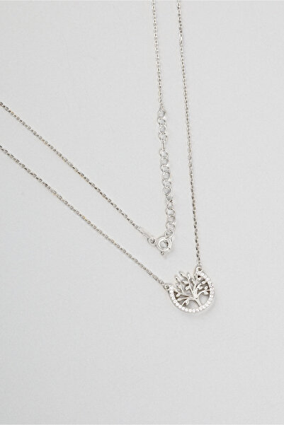 So CHIC... Hayat Ağacı Figürlü 18 Ayar Beyaz Altın Kaplama Taşlı 45 Cm Gümüş Kolye