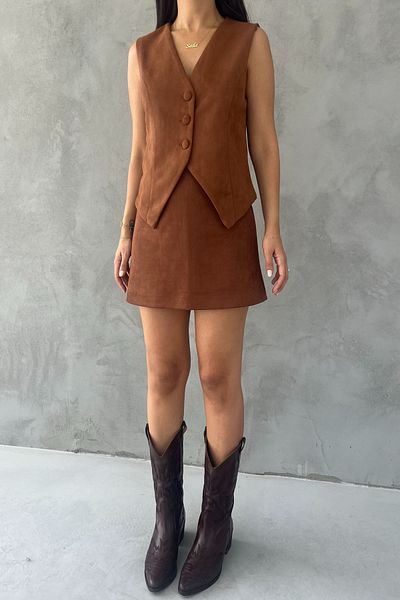 Seda Yalçın Atelier Tan Suede Zippered Mini Skirt
