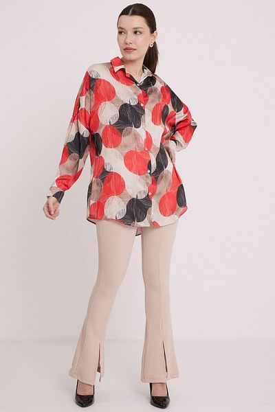 Bigdart Cămașă oversize din satin cu model roșu negru pentru femei 3985