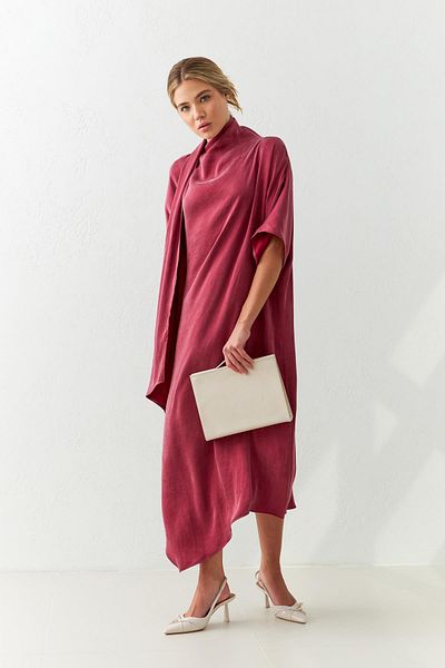 Setre Rochie de culoare burgundă, cu mânecă scurtă, cu decolteu, cu detaliu de șal, cu croială relaxată, lungime midi, cu potrivire confortabilă
