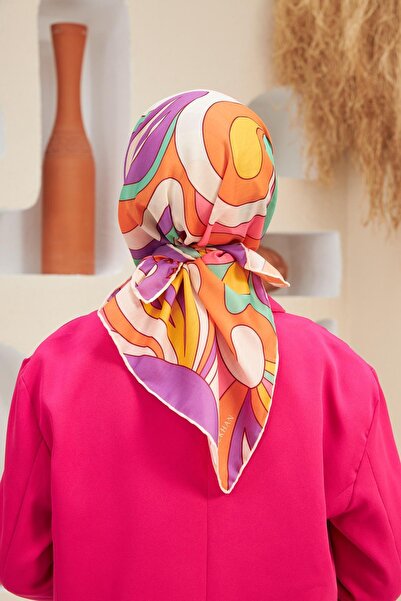 İpekhan Πορτοκαλί μωβ μοτίβο βαμβακερό κασκόλ βισκόζης - 1133-03