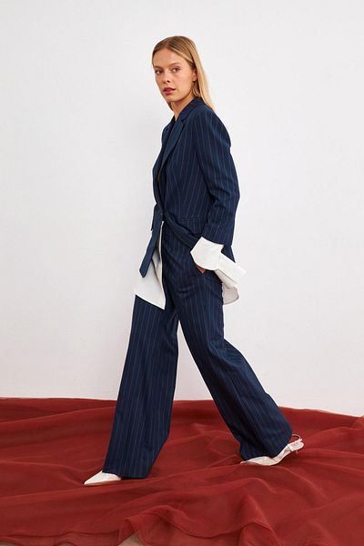 Setre Navy Blue Navy Blue Striped Double Suit with Sleeve Detail