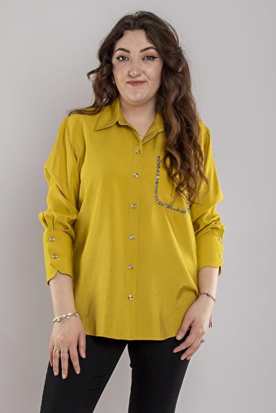 GRANDİ 7082 Büyük Beden Cebi Boncuklu Düğmeli Modal Gömlek