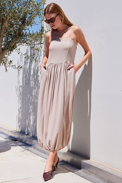 Bigdart 2492 Model Beige Color Strap Knitted Salopet Dress