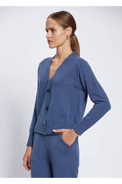 Knitss Μπλε κασμίρι πλεκτή ζακέτα με λεπτομέρεια πλεξούδας μαλλιών