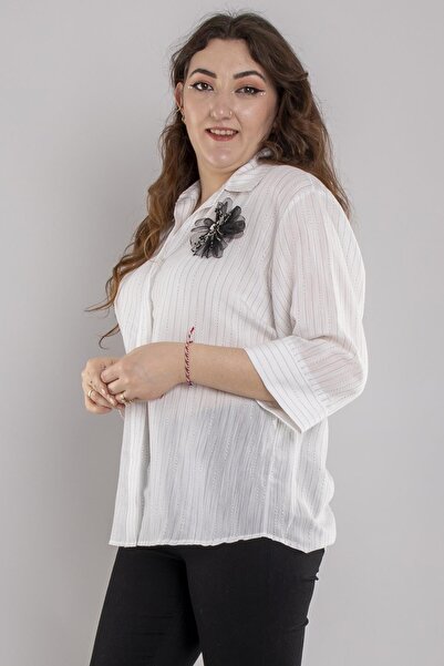 GRANDİ 7239 Büyük Beden Çizgili Gül Broşlu Yürütmeli Truvakar Kol Viscon Gömlek
