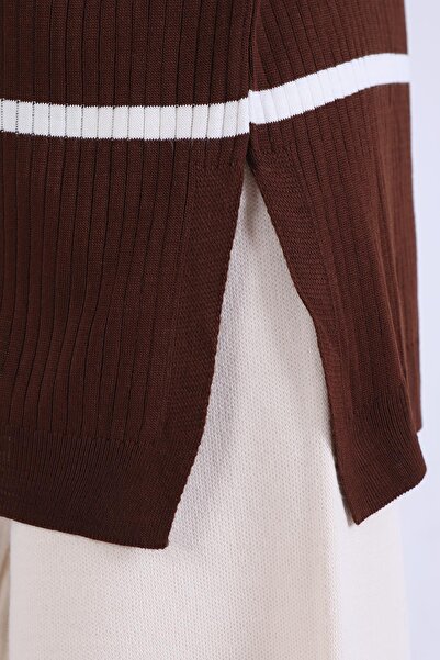 Rays 5415 Model Bitter Brown Colored Striped Turtleneck Tunic