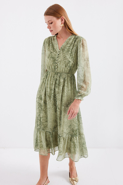 Bigdart 2137 Model Green Patterned Chiffon Dress