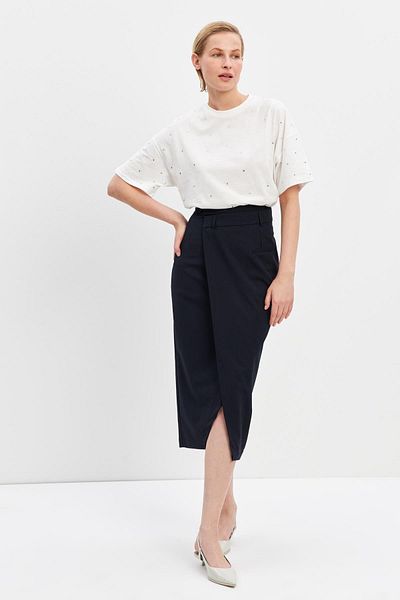 Setre Navy Blue Midi Skirt with Asymmetric Closure Detail at the Waist