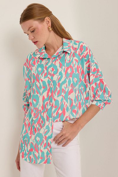 Bigdart Turquoise Pink Patterned Oversize Satin Women's Shirt - 3985
