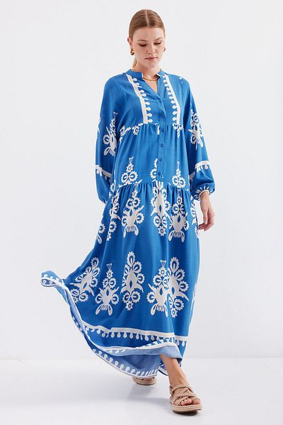 Bigdart 2423 Modell Weißes Indigo Authentisches gemustertes Kleid