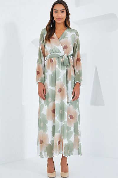 Bigdart Rochie de damă din șifon Cascade bej cu modele florale 2134