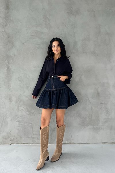 Seda Yalçın Atelier Navy Blue Drenthe Gather Detailed Heart Buttoned Denim Skirt
