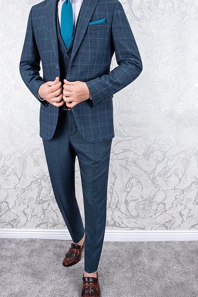 PR PACO ROMANO ART OF FASHİON MEN'S SLIM FIT MONO COLLAR PLAIDED VEST PETROL COMBIN SUIT