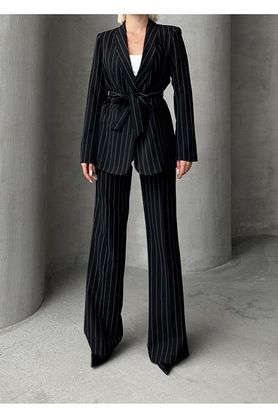 Olcay Set jachetă și pantaloni cu guler șal cu dungi negre - 9259-TK