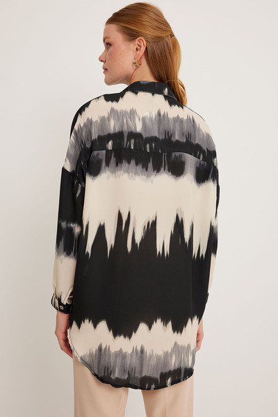 Bigdart Kadın Turuncu Siyah Desenli Oversize Gömlek 5923