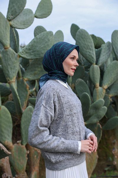 İpekhan Μαλακό κασκόλ Evoline Pattern Navy Blue Green 1168-08