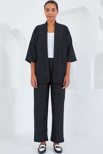 Bigdart 6661 Damen-Doppelset mit gestreiftem Kimono – Schwarz