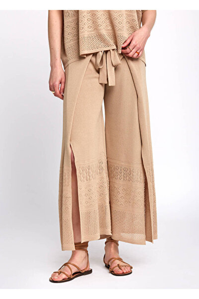 Knitss Bohem Tarz Crop Bej Triko Pantolon