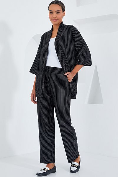 Bigdart 6661 Damen-Doppelset mit gestreiftem Kimono – Schwarz