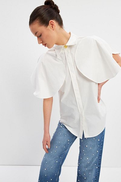 Setre Ecru Short Sleeve Shirt with Cape Detail on the Shoulders
