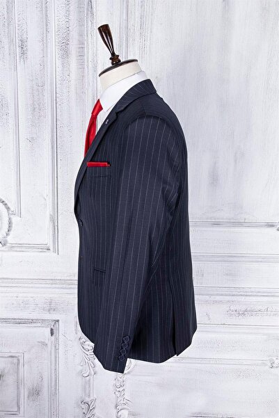 PR PACO ROMANO ART OF FASHİON MEN'S REGULAR FIT MONO COLLAR NAVY STRIPED 4 DROP SUIT